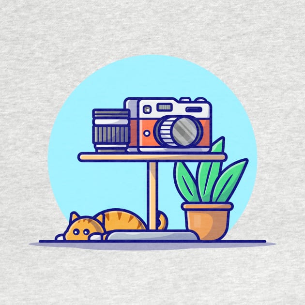 Camera And Lens On the Table With Cat Cartoon Vector Icon Illustration by Catalyst Labs